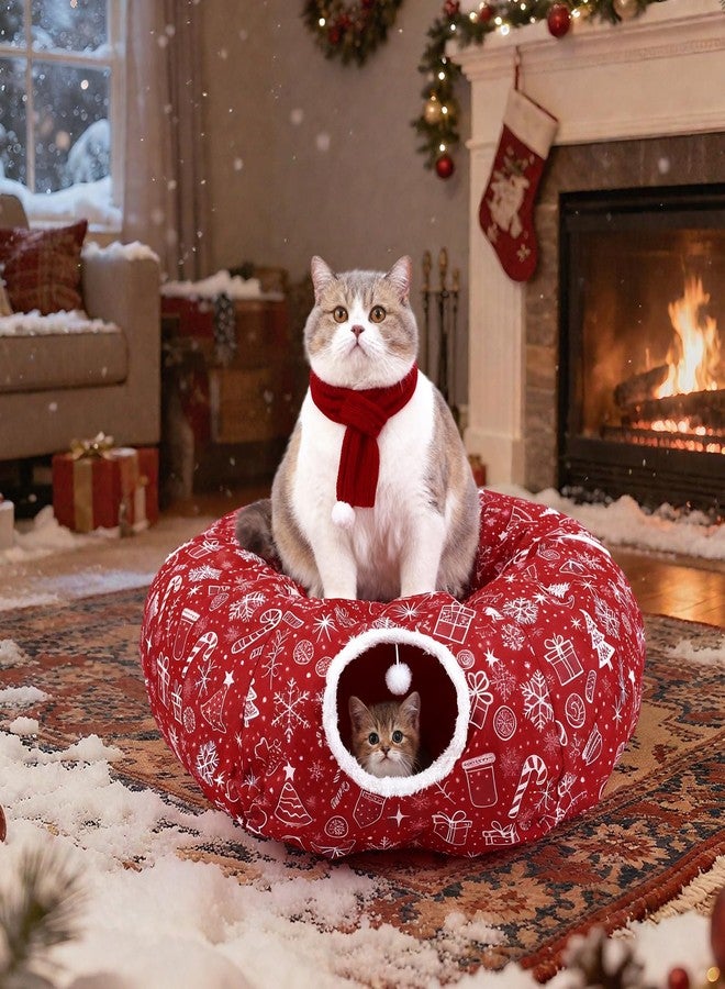 SilTriangle Cat Tunnel Christmas Tree Skirt Cat Donut Tunnel Bed for Indoor Cats with Ball Snowflake Collar Cats Cave for Small Medium Kitten Puppy Under Xmas Trees Decor Gift(Gift Box) - Image 5